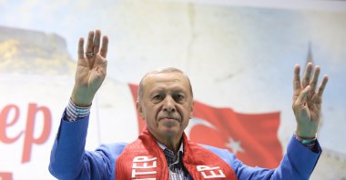 President Recep Tayyip Erdoğan greets people at an event, in Gaziantep, southeastern Türkiye, May 21, 2023. (İHA Photo)