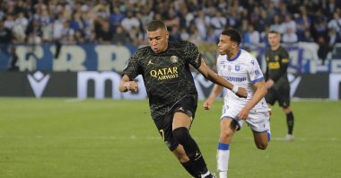 Paris Saint-Germain's Kylian Mbappe (C) in action during the French Ligue 1 match between AJ Auxerre and Paris Saint-Germain, Auxerre, France, May 21, 2023. (EPA Photo)