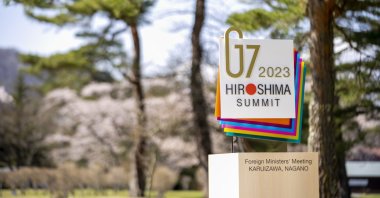 The logo for the G-7 is visible at the G-7 Foreign Ministers&#039; Meeting in Karuizawa, Japan,  April 17, 2023. (AP Photo)