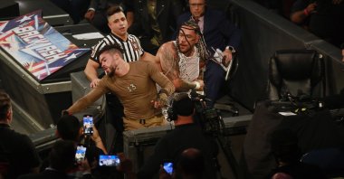 Bad Bunny (L) and Damian Priest wrestle during the WWE Backlash at Coliseo de Puerto Rico Jose Miguel Agrelot, San Juan, Puerto Rico, May 6, 2023. (Getty Images Photo)