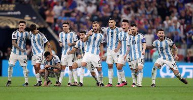 Argentina players react in the penalty shootout during the FIFA World Cup Qatar 2022 Final match between Argentina and France at Lusail Stadium, Lusail City, Qatar, Dec. 18, 2022. (Getty Images Photo)