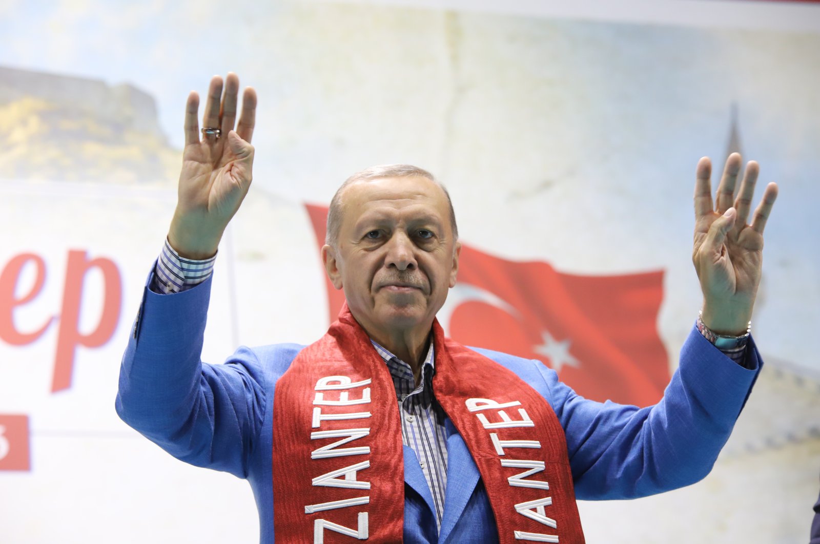 President Recep Tayyip Erdoğan greets people at an event, in Gaziantep, southeastern Türkiye, May 21, 2023. (İHA Photo)