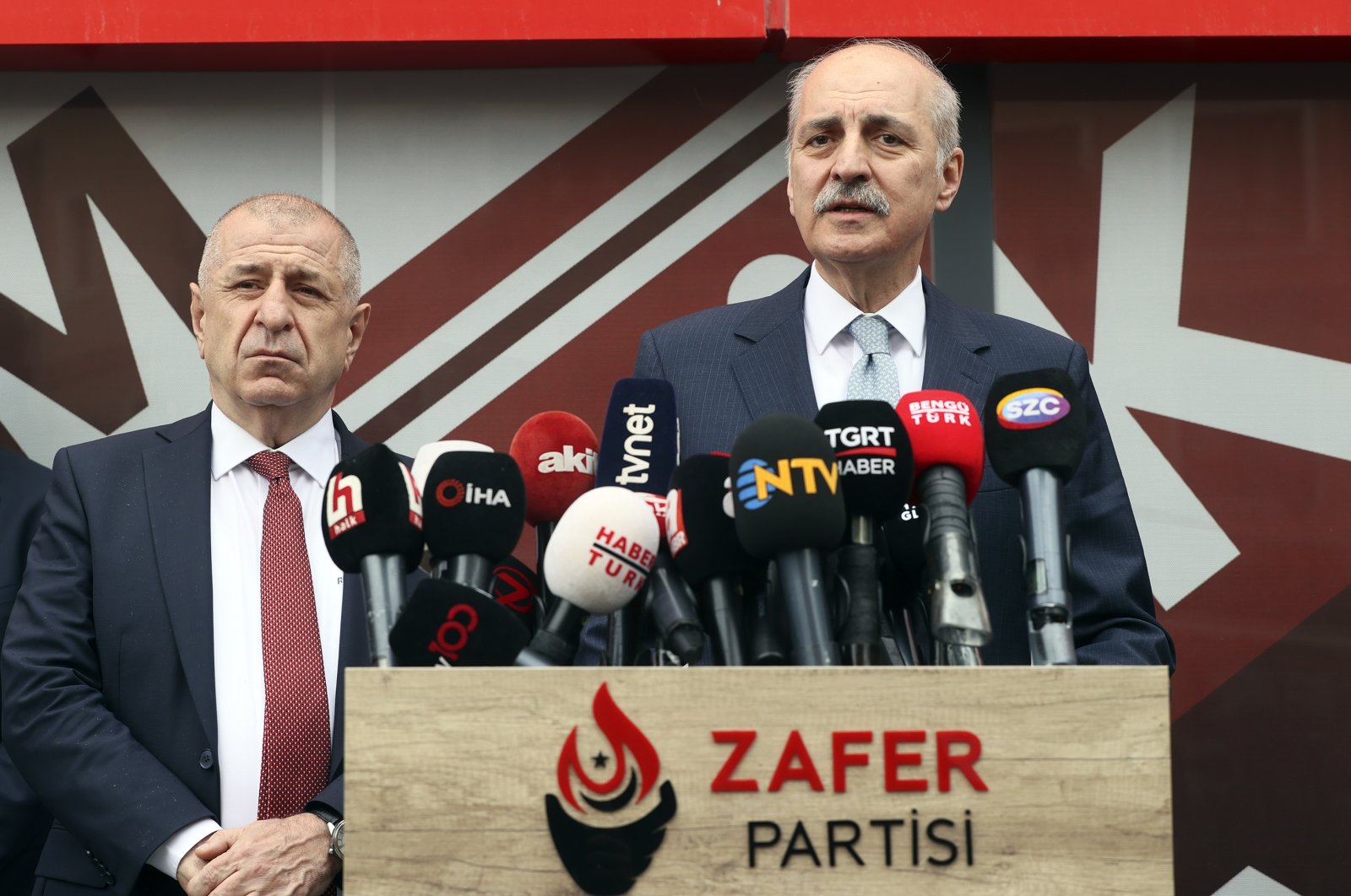 Numan Kurtulmuş (R) speaks at a news conference with Ümit Özdağ (R), in the capital Ankara, May 22, 2023. (AA Photo) 