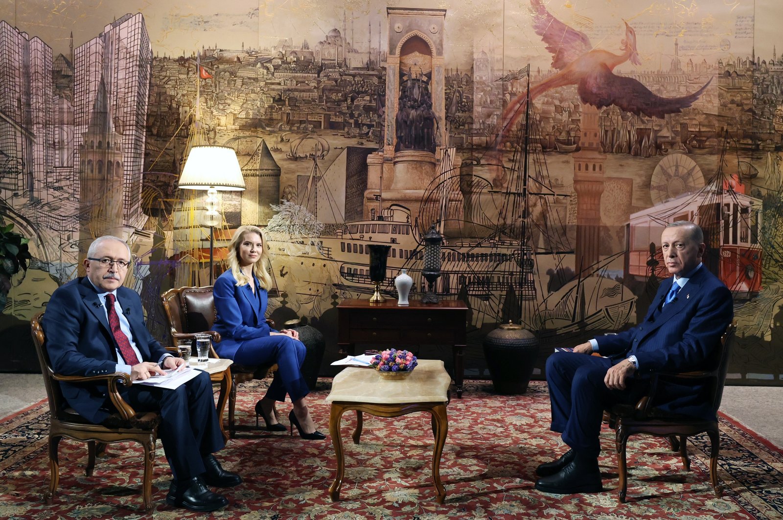 President Recep Tayyip Erdoğan, journalists Abdulkadir Selvi and Pelin Çift at an interview broadcast live on TRT, Istanbul, Türkiye. (AA Photo)