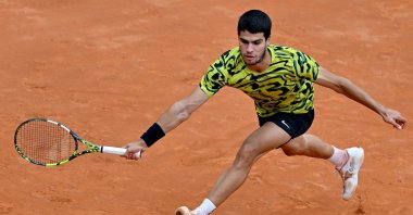 Spain's Carlos Alcaraz in action during his men's singles third round match against Fabian Marozsan of Hungary (not pictured) at the Italian Open tennis tournament, Rome, Italy, May 15, 2023. (EPA Photo)