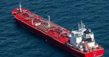 An aerial view shows the Sunny Liger, a Marshall Islands-flagged tanker with a consignment of Russian diesel, anchored in the North Sea, near IJmuiden, Netherlands, April 30, 2022. (AFP Photo)