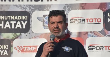 Bekir Yunus Uçar, president of the Turkish Motorcycle Federation (TMF), speaks at the European Youth Balkan Motorcycle Association (BMU) and Türkiye Motocross Championships award ceremony, Afyon, Türkiye, May 21, 2023. (AA Photo)