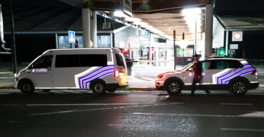 German police arrive at Brussels Expo, where observers from a group linked to Türkiye&#039;s Green Left Party (YSP) verbally and physically attacked ballot box observers during voting for the Turkish presidential runoff, in Brussels, Belgium. May 23, 2023. (AA Photo)
