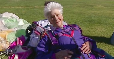 In this video screen grab, Clare Nowland reacts following her skydive in Canberra, Australia, April 6, 2008. (AP Photo)