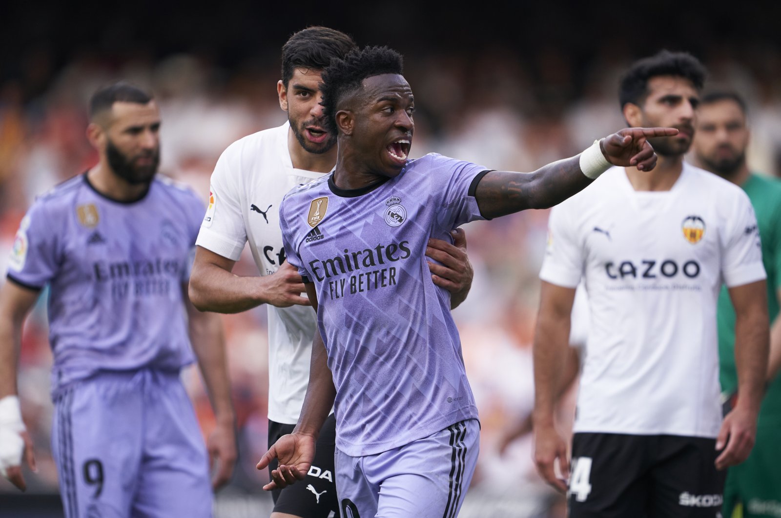Real Madrid&#039;s Vinicius Junior argues during the La Liga match against Valencia at the Mestalla, Valencia, Spain, May 21, 2023. (Getty Images Photo)