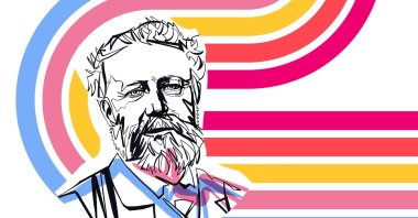 A vibrant pop art portrayal of Jules Verne (1828-1905), the prolific French author acclaimed as the "Father of Science Fiction" for his visionary and pioneering adventure novels. (Illustration by Büşra Öztürk)