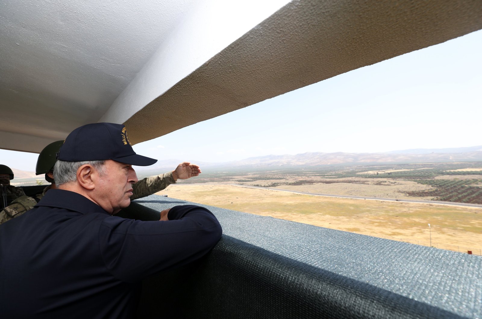 Defense Minister Hulusi Akar is seen during an inspection of the Turkish-Syrian border, Türkiye, May 24, 2023. (IHA Photo)