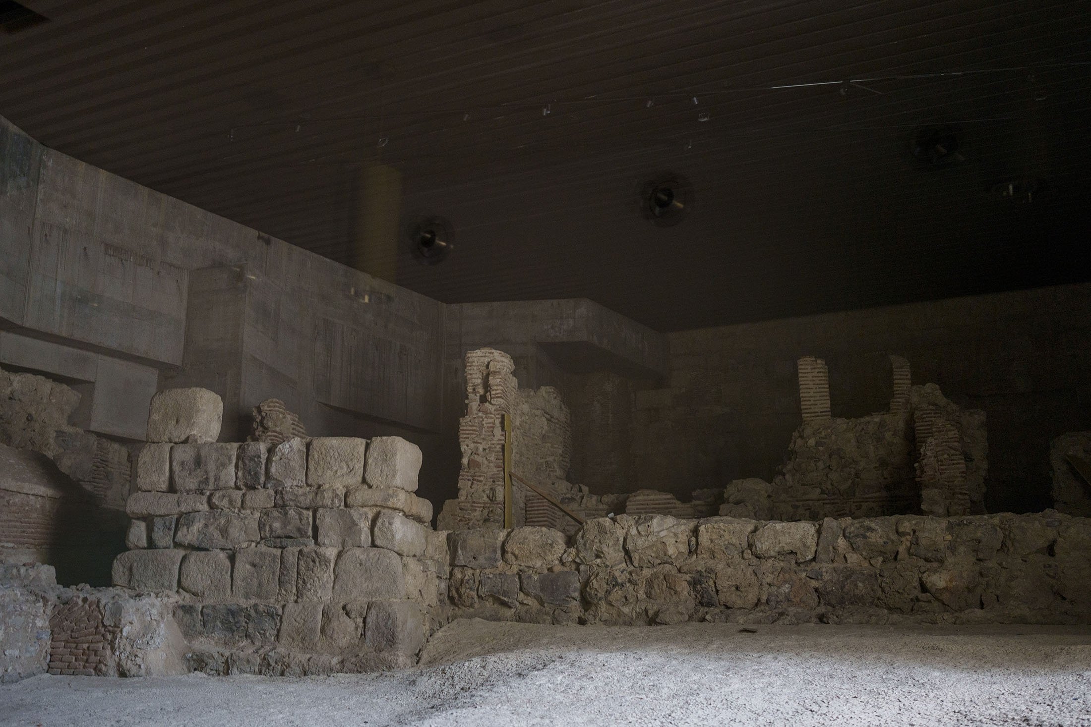 A view of the Moorish wall from when the city was founded in the ninth century is exhibited at the Royal Collections Gallery in Madrid, Spain, May. 19, 2023. (AP Photo)