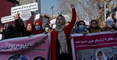Afghan women shout slogans during a protest against restrictions on women, Kabul, Afghanistan, Dec. 28, 2021. (Reuters Photo)