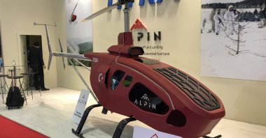 Titra Technology's Alpin unmanned mini helicopter is on display during the IDEF 2021 held in Istanbul, Türkiye. (AA Photo)