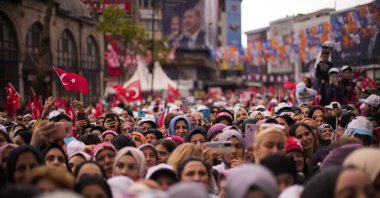Supporters of People's Alliance's presidential candidate and President Recep Tayyip Erdoğan listen to his speech during an election rally campaign in Istanbul, Türkiye, April 21, 2023. (AP Photo)