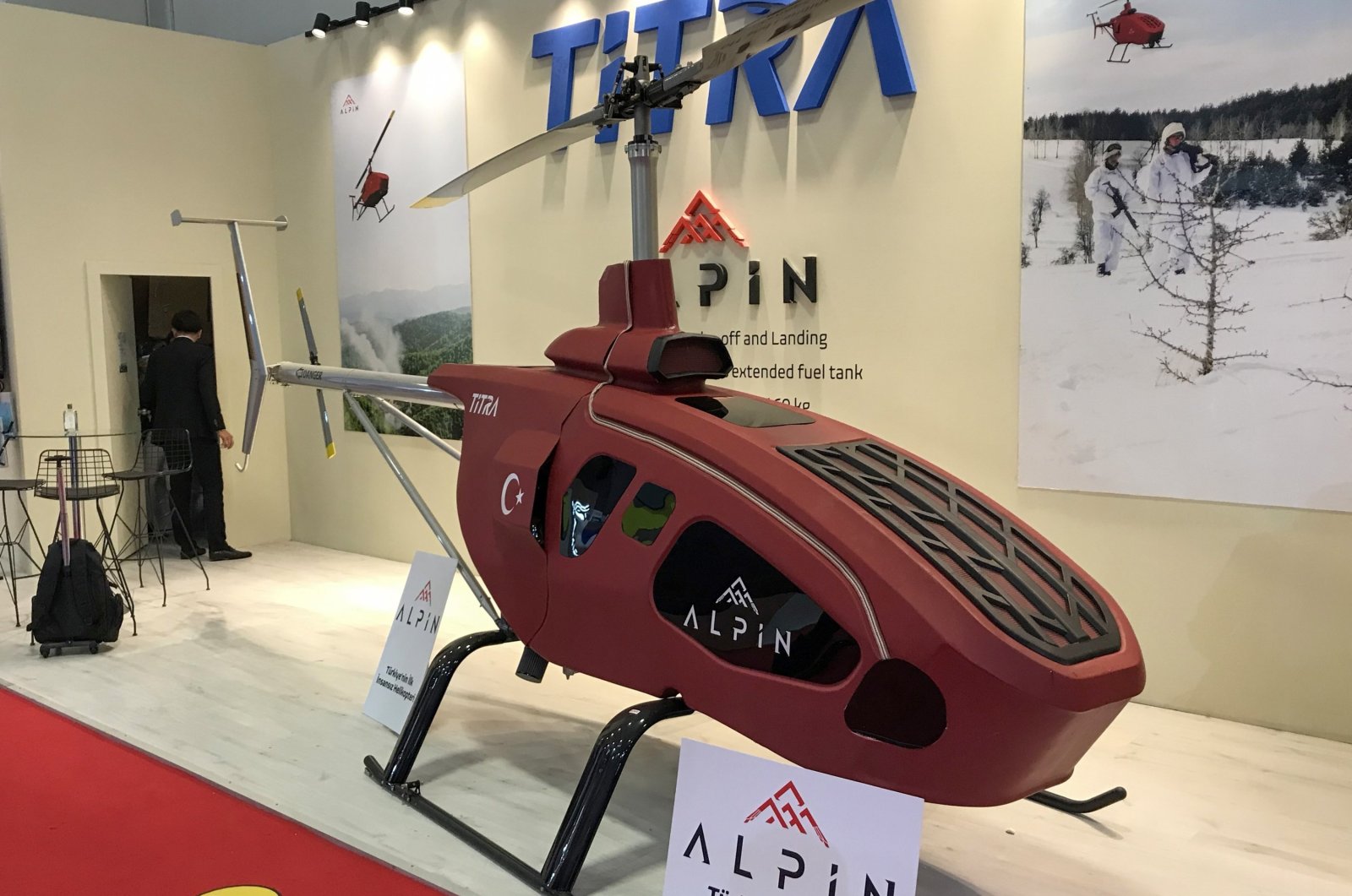 Titra Technology&#039;s Alpin unmanned mini helicopter is on display during the IDEF 2021 held in Istanbul, Türkiye. (AA Photo)