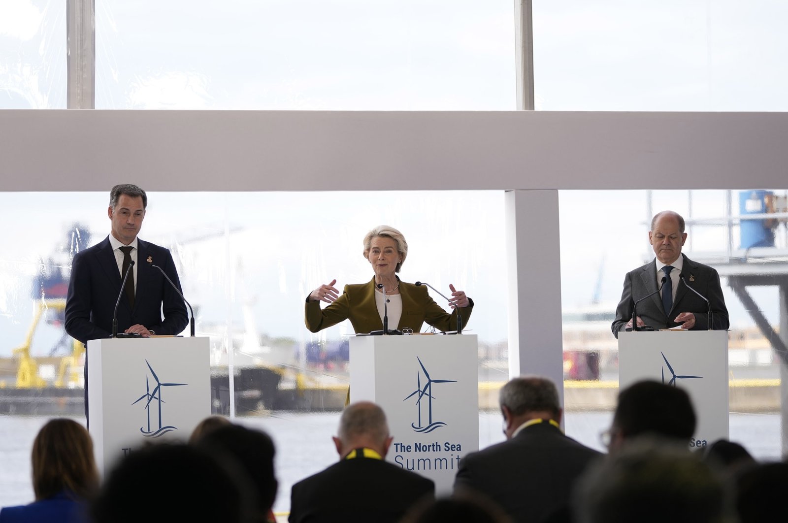 Belgium&#039;s Prime Minister Alexander De Croo (L), European Commission President Ursula von der Leyen (C) and Germany&#039;s Chancellor Olaf Scholz participate in a media conference at the North Sea Summit in Ostend, Belgium, April 24, 2023. (AP Photo)
