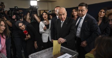 Nationalist Movement Party (MHP) Chair Devlet Bahçeli casts his vote in Anıttepe Middle School, in Ankara, Türkiye, May 28, 2023. (AA Photo)