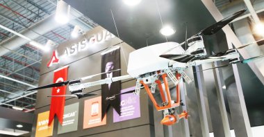 ASISGUARD&#039;s Songar drone on display at the SAHA EXPO, Istanbul, Türkiye, Nov. 10, 2021. (AA Photo)
