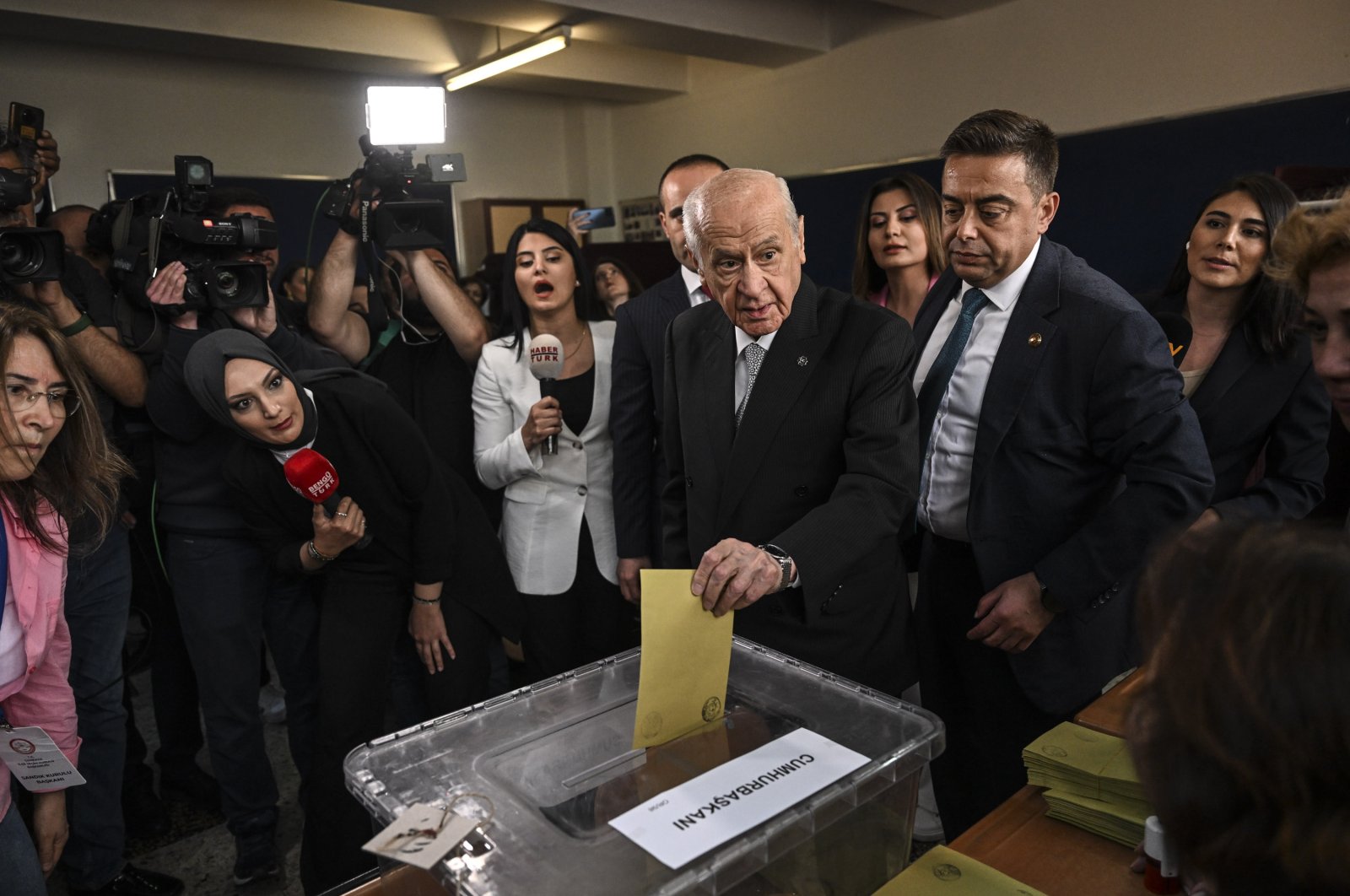 Nationalist Movement Party (MHP) Chair Devlet Bahçeli casts his vote in Anıttepe Middle School, in Ankara, Türkiye, May 28, 2023. (AA Photo)