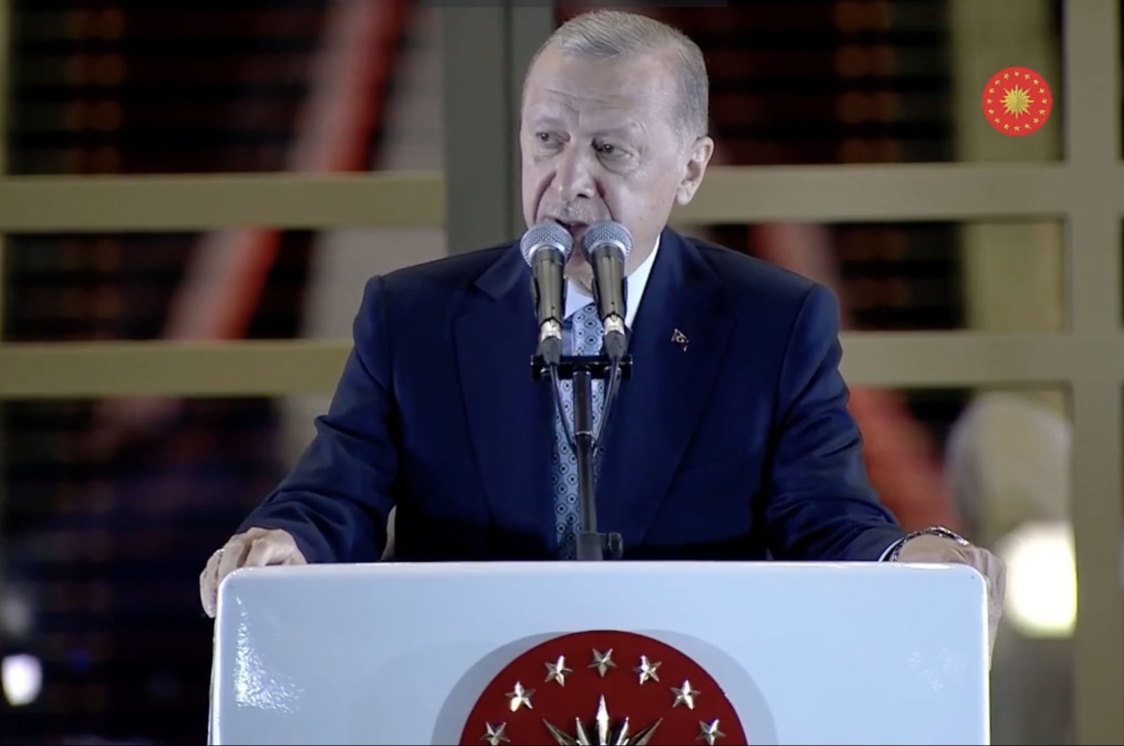 President Recep Tayyip Erdoğan addresses a crowd outside the Presidential Complex, in the capital Ankara, Türkiye, May 29, 2023.