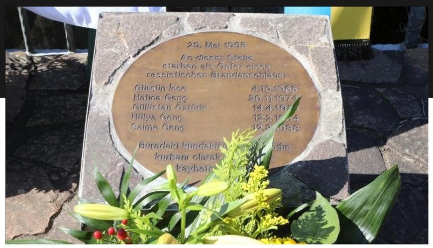 The headstone of the five members of a Turkish family who died in a 1993 racist arson attack in Germany, May 29, 2023. (AA Photo)