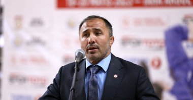 Turkish Judo Federation President, Sezer Huysuz delivers a speech at the Judo Youths Türkiye Championships, Sivas, Türkiye, May 18, 2023. (AA Photo)