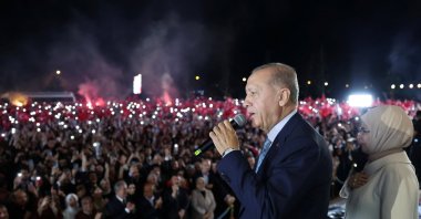 President Erdoğan, accompanied by first lady Emine Erdoğan, addresses supporters in the capital Ankara, Türkiye, May 29, 2023. (Reuters Photo) 