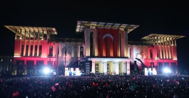 The crowd gathers outside the Presidential Complex adorned with posters of republic founder Mustafa Kemal Atatürk and President Recep Tayyip Erdoğan, in the capital Ankara, Türkiye, May 29, 2023. (AA Photo)