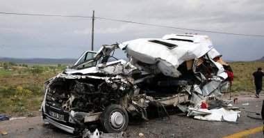 The wreckage of a collision of a truck and a passenger minibus in Sivas, Türkiye, May 29, 2023. (AA Photo)