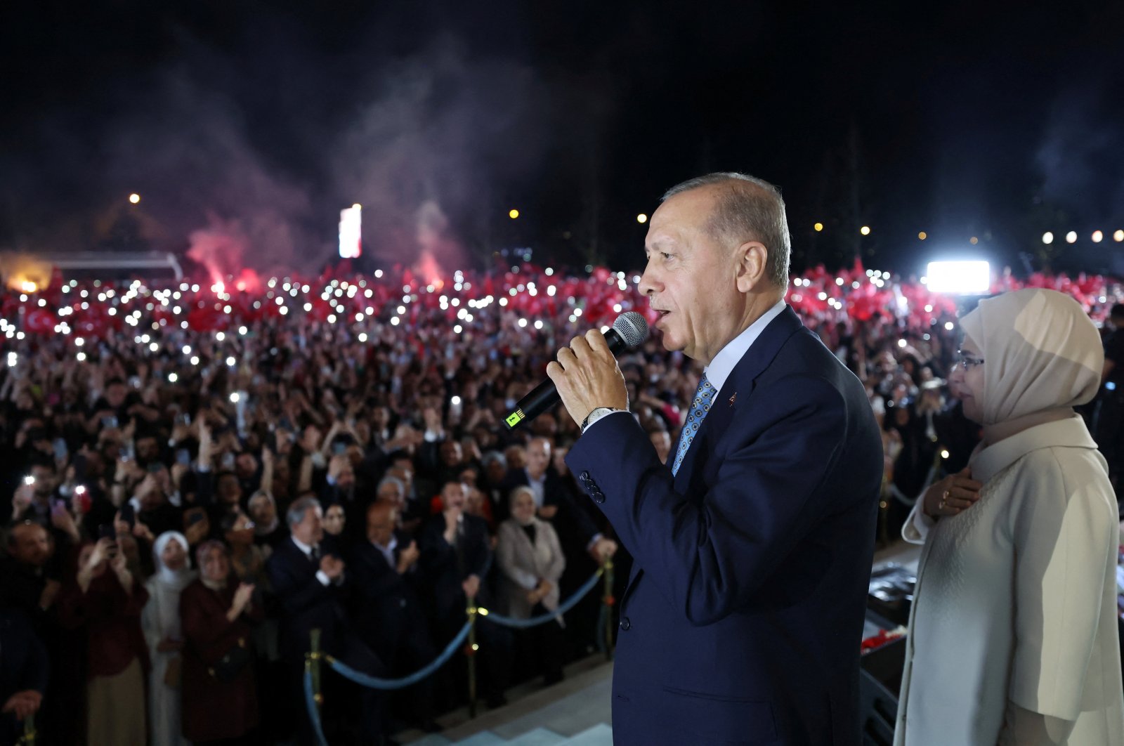 President Erdoğan, accompanied by first lady Emine Erdoğan, addresses supporters in the capital Ankara, Türkiye, May 29, 2023. (Reuters Photo) 