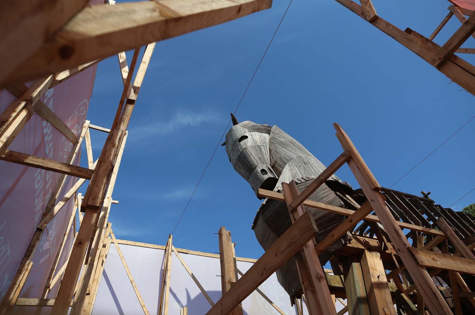 The symbolic Trojan horse installation goes under restoration, in Çanakkale, Türkiye, May 27, 2023. (AA Photo)
