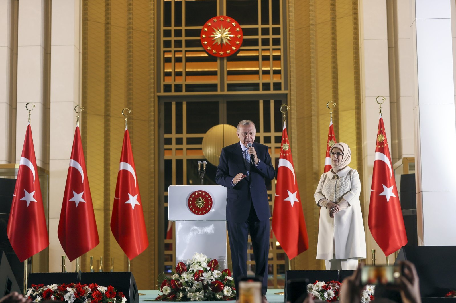 President Recep Tayyip Erdoğan addresses his supporters following his victory in the second round of the presidential election at the Presidential Complex in Ankara, Türkiye, May 29, 2023. (AFP Photo)