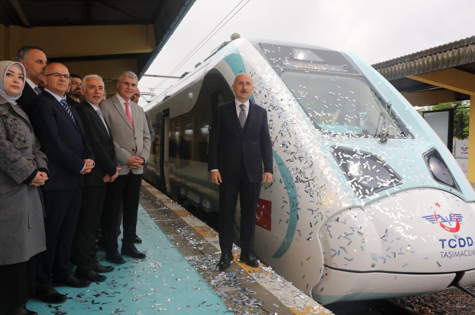 Transport and Infrastructure Minister Adil Karaismailoğlu is photographed next to the national electric train delivered by TÜRASAŞ to Turkish State Railways (TCDD), Ankara, Türkiye, May 27, 2023. (DHA Photo)