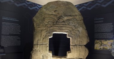 The archaeological piece "Portal of the Underworld" is exhibited at the Regional Museum of the Peoples of Morelos, Cuernavaca, Mexico, May 25, 2023. (EPA Photo)