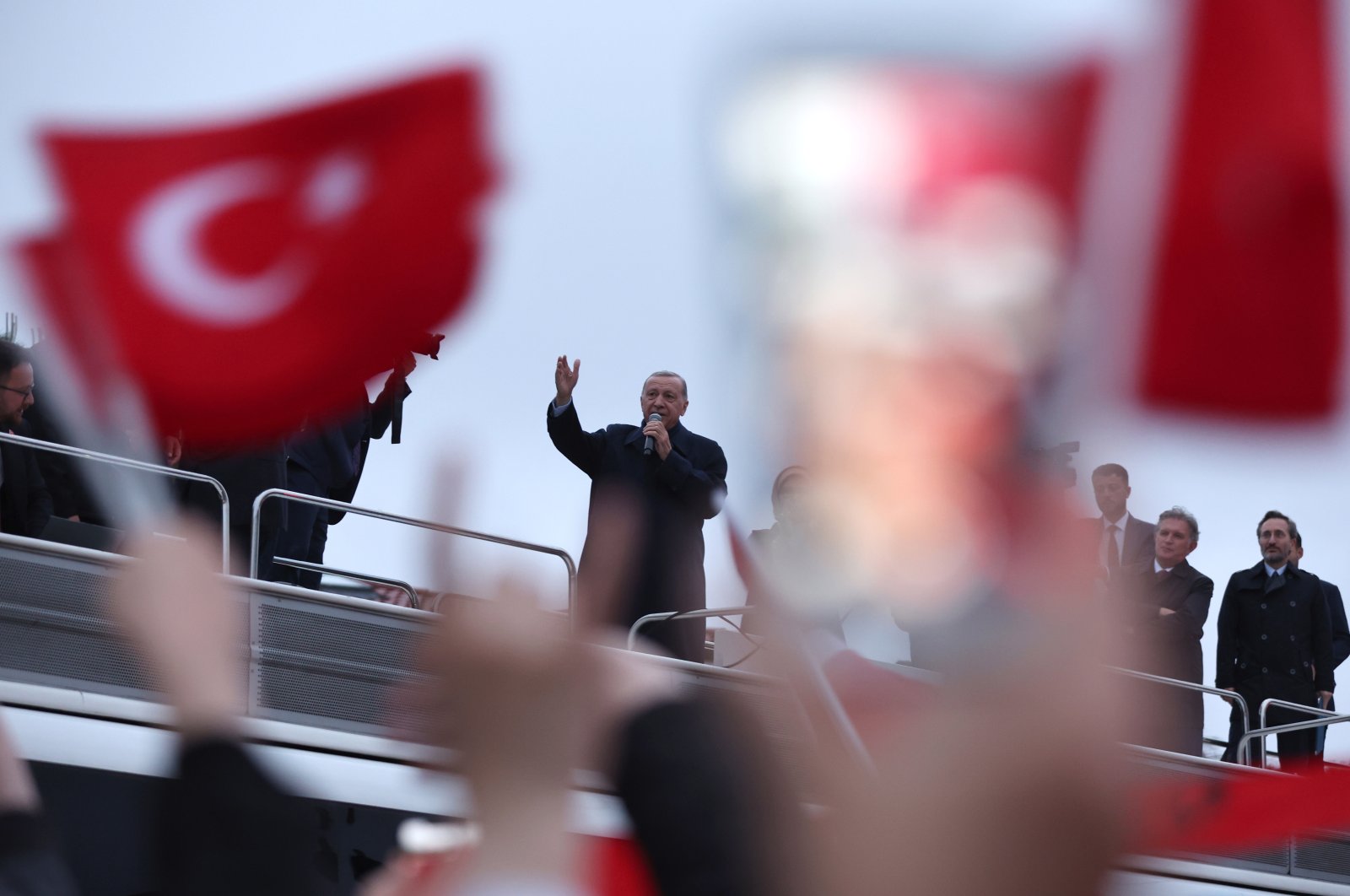 President Recep Tayyip Erdoğan addresses supporters following the second round of the presidential elections, in Istanbul, Türkiye, May 28, 2023. (EPA Photo)
