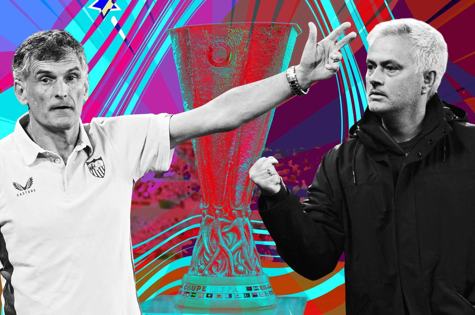 Sevilla coach Jose Luis Mendilibar (L) and Roma coach Jose Mourinho will face each other in the final. (Illustration by Büşra Öztürk)