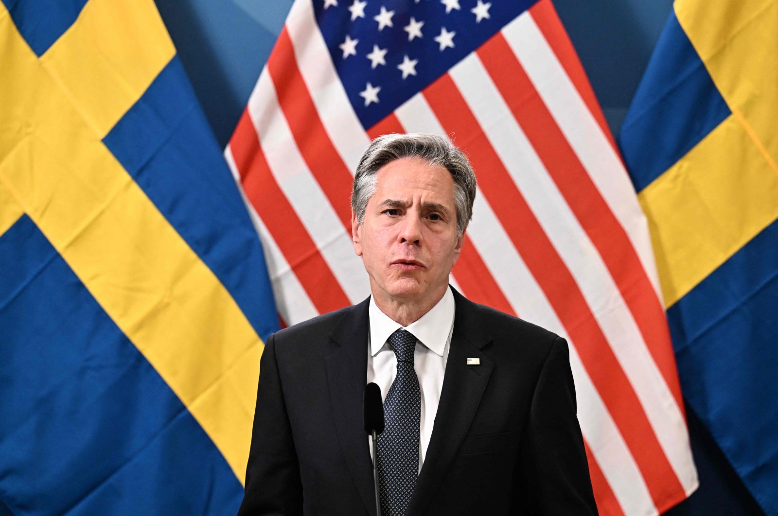U.S. Secretary of State Antony Blinken speaks during a joint news conference with Sweden&#039;s Prime Minister at the F 21 military airbase in Kallax Heden, Lulea, Sweden, May 30, 2023. (AFP Photo)