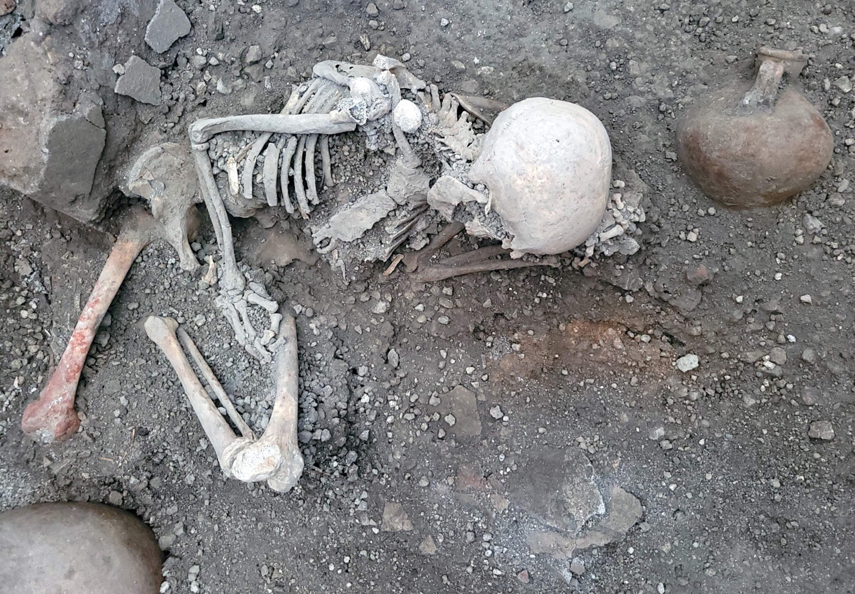 Foto tanpa tanggal menunjukkan salah satu dari dua kerangka yang ditemukan di Taman Arkeologi Pompeii, kemungkinan pria paruh baya yang meninggal dalam gempa bumi selama letusan gunung berapi dahsyat yang mengubur kota Italia pada tahun 79 M, Pompeii, Italia, 16 Mei 2023. ( Foto AFP)