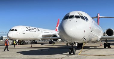 Qantas' first Boeing 717 (R) registered in Australia sits alongside a newly arrived Boeing 787 Dreamliner at Sydney Airport in Sydney, New South Wales, Australia, May 29, 2023. (EPA Photo)