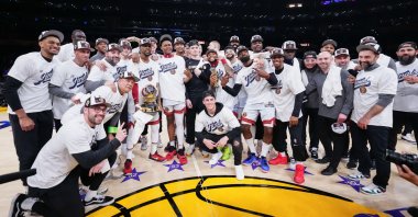 The Denver Nuggets pose for a photo after beating the Los Angeles Lakers in game four of the Western Conference Finals, Los Angeles, California, U.S., May 22, 2023. (Reuters Photo)