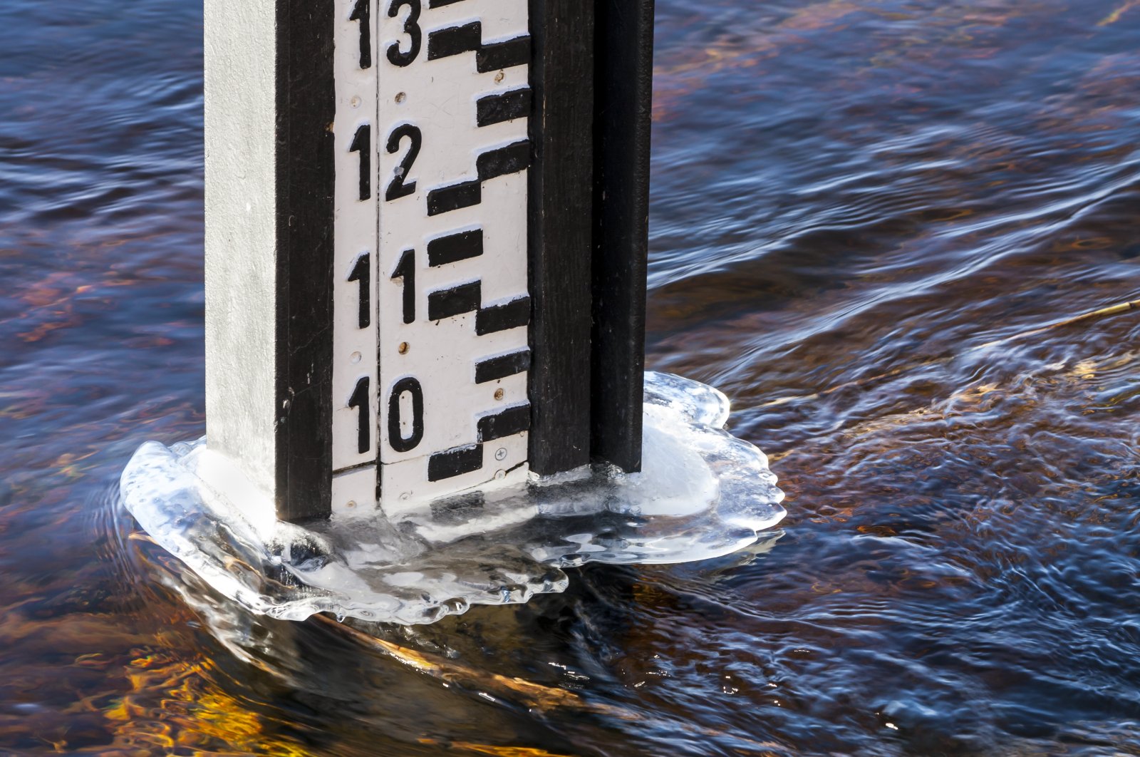 Water indicator on a river indicating a raised level of water in the spring. (Shutterstock Photo)