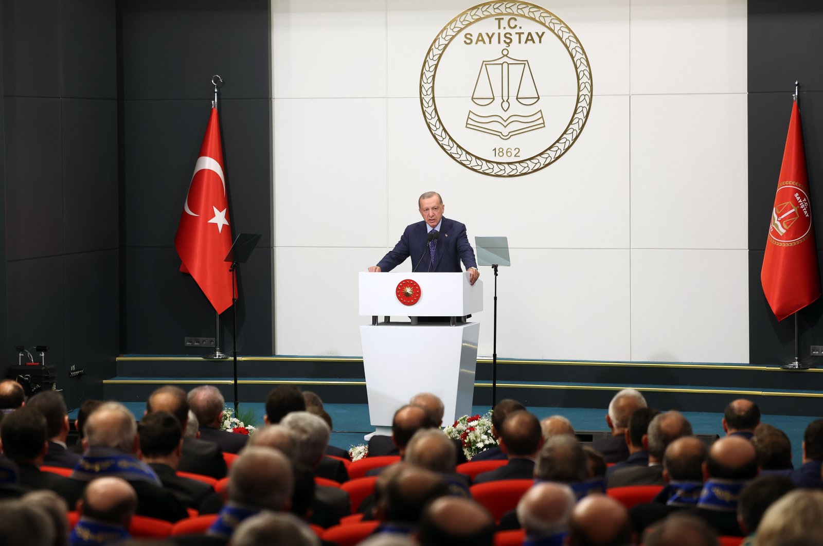 President Recep Tayyip Erdoğan speaks at the event at the Court of Accounts in the capital Ankara, Türkiye, May 31, 2023. (AA Photo)