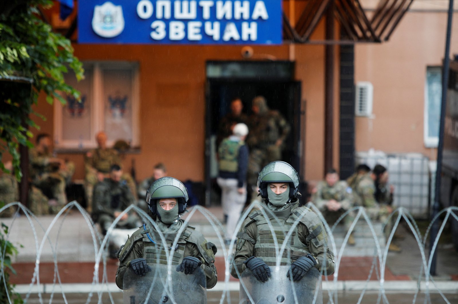 Members of the NATO-led Kosovo Force (KFOR) stand guard in Zvecan, Kosovo, May 31, 2023. (Reuters Photo)