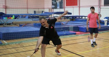 The Turkish Deaf Sports Federation (TİESF) badminton national team head coach Cavit Şengün (L) trains his team ahead of the world championship in Brazil, Karabük, Türkiye, May 30, 2023. (AA Photo)