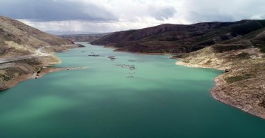 An aerial view of Lake Van shows the effect of drought owing to decreased precipitation, Van, Türkiye, June 1, 2023. (DHA Photo)
