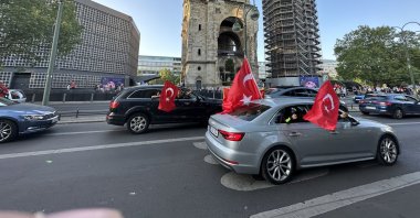 Turks wave Turkish flags to celebrate Erdoğan's election victory, in Berlin, Germany, May 28, 2023. (AA Photo)