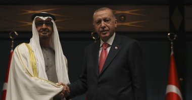 President Erdoğan shakes hands with Sheikh Mohammed bin Zayed Al Nahyan, the Crown Prince of the United Arab Emirates, in the capital Ankara, Türkiye, Nov. 24, 2021. (AP Photo)
