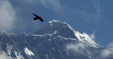 A bird flies with Mount Everest seen in the background from Namche Bajar, Solukhumbu district, Nepal, May 27, 2019. (AP Photo)
